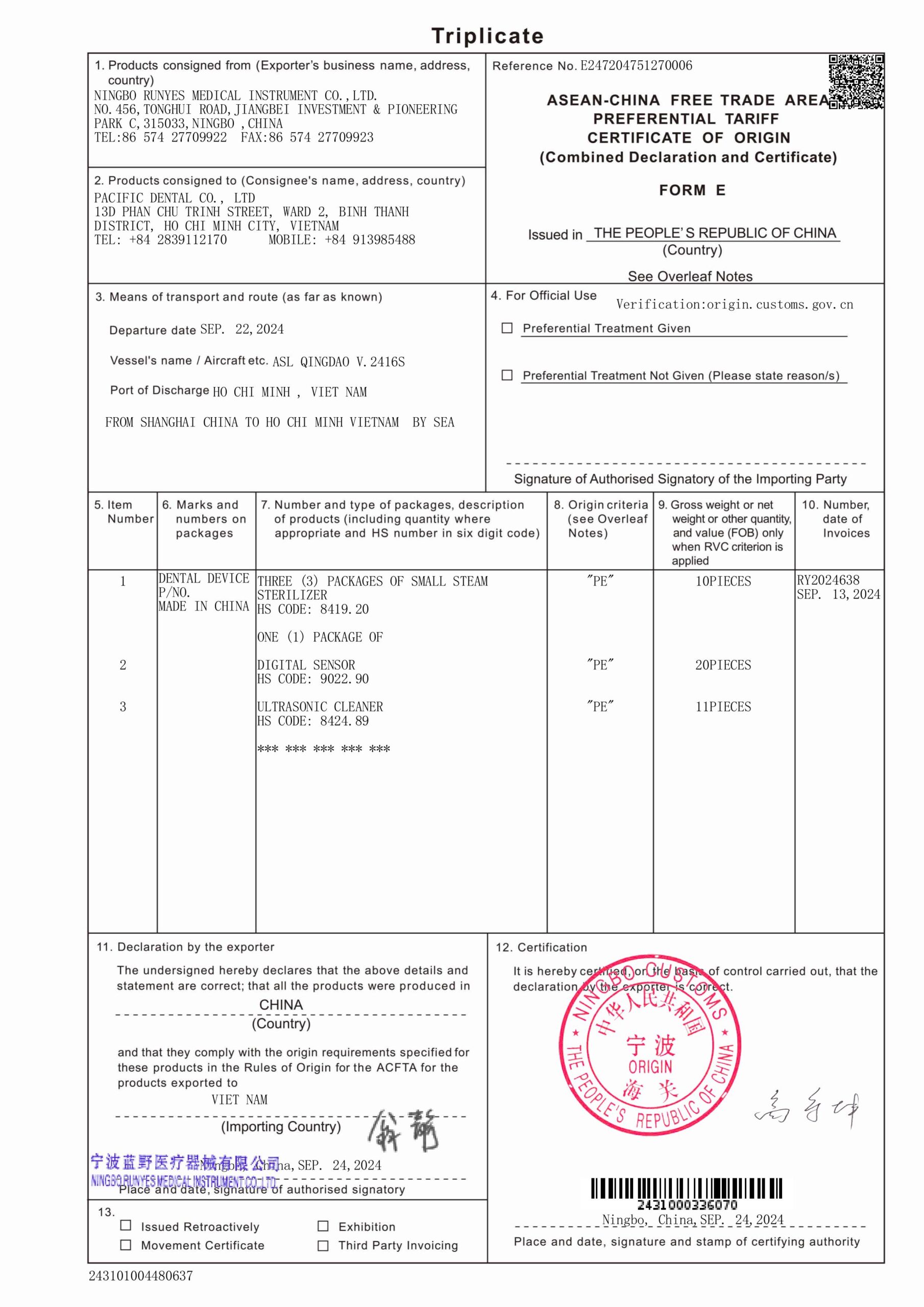 Chứng nhận xuất xứ Máy hấp tiệt trùng thuộc Hiệp định thương mại tự do giữa ASEAN và Trung Quốc
