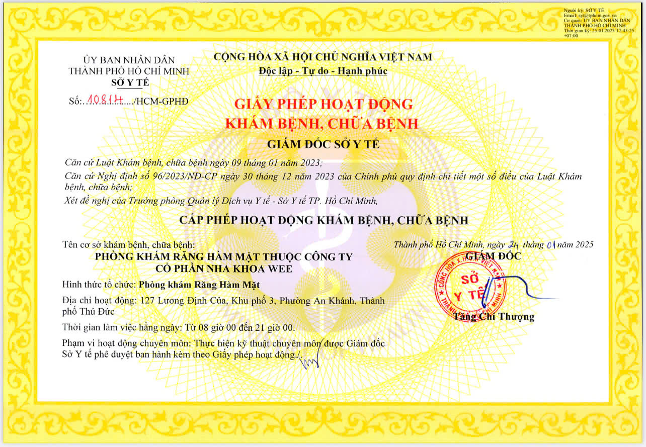 Giấy phép hoạt động khám bệnh, chữa bệnh nha khoa WEE được Sở Y Tế cấp