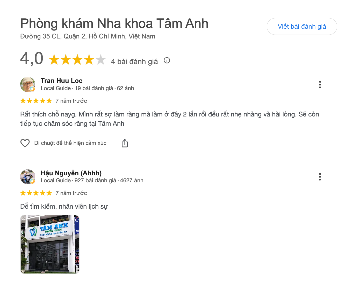 Đánh giá khách hàng về phòng khám Nha khoa Tâm Anh